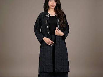Women’s Luxury Black 3-Piece Western Wear | Long Jacket & Wide-Leg Tr
