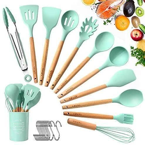 T  Kitchen Utensil Set 12 PCS Cooking Utensils With Plastic Utensil Holder, Non-stick Silicone and Heat Resistant Wooden Utensils.