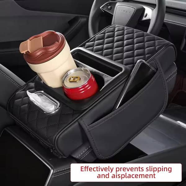 Multifunctional Car Armrest Cushion, Leather Center Console Cover with Tissue Box and Cup Holder