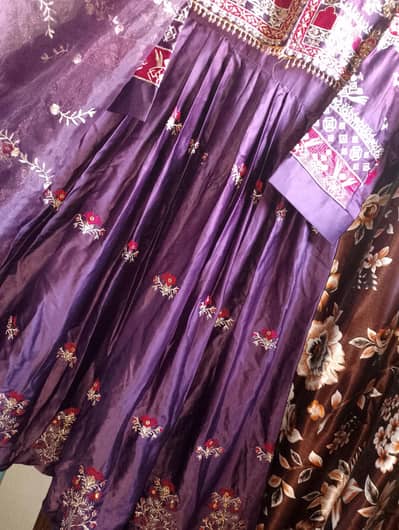 purple Afghan kuchi style heavy embroiderd long frock 3 piece