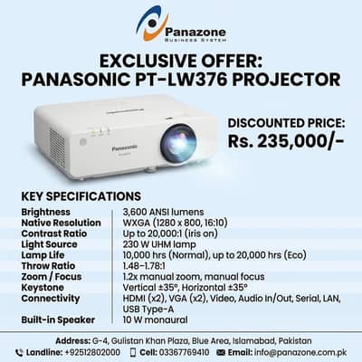 Panasonic PT-LW376 Portable LCD Projector – Bright WXGA