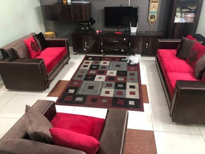 Sofa set, 5 seaters sofa with red and brown