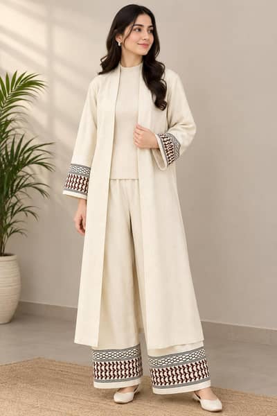 Premium womens 3- Piece Winter Co-ord Set Long Coat Ribbed Top wide .