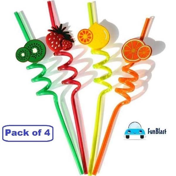 T  Reusable Straws for Kids, Fruit / Cartoon Shape Spiral Drinking Straw (Assorted) - Pack of 4