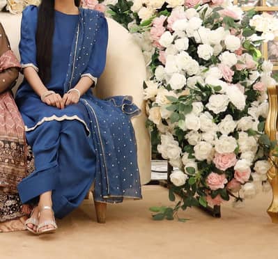 3 piece silk dress,  farshi/ patiala shalwar, and short shirt