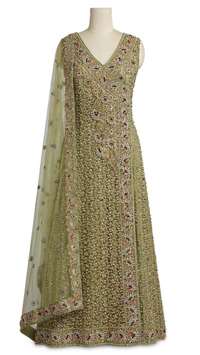 Brand New small 4pcs olive bridal maxi + sharara + trouser - unused