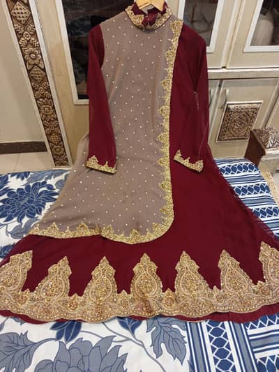 Maroon & Gold Embroidered Party Wear Frock