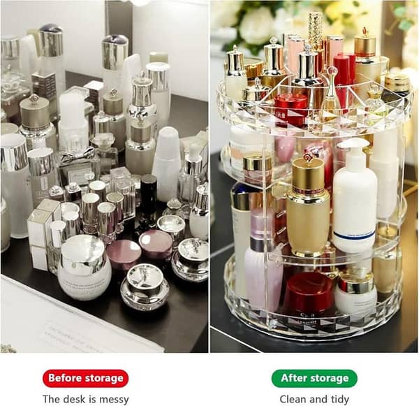 T  360° Rotating Acrylic Makeup Organizer Box: Ultimate Cosmetic Storage Solution with Makeup Bag, Brush Holder, Beauty Box, and Make Up Pouch