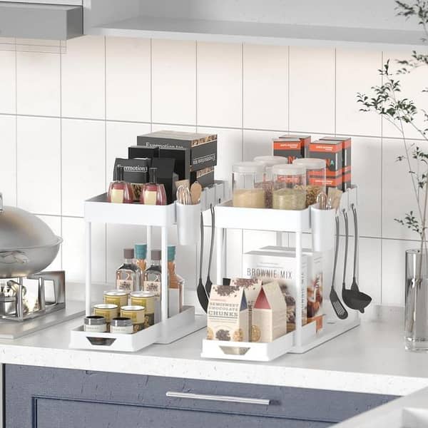 T  Adjustable Under Sink Organizers and Storage 2 layer Bathroom Organizer Under Sink Multifunction Kitchen Under Sink Organizer with and Hanging Cups