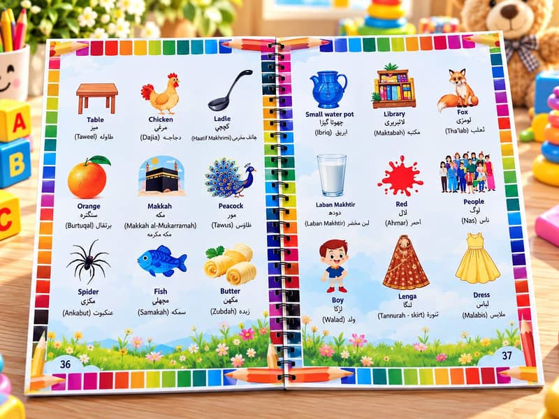 بچوں کی انگلش، اردو اور عربی سیکھنے کی کتاب | تین زبانیں ایک کتاب میں 3