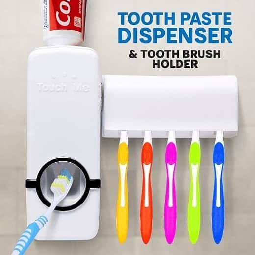 T  DreamEmporium Toothpaste Dispenser With 5 Brush Holder Wall Mounted Automatic Hands Free Dispenser