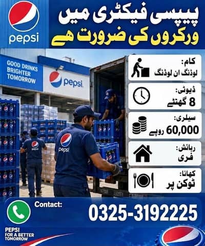 Pepsi Factory Workers Required – Loading & Unloading jobs in Lahore