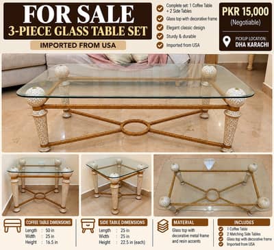 Imported USA Glass Coffee Table with 2 Side Tables | 3-Piece Set