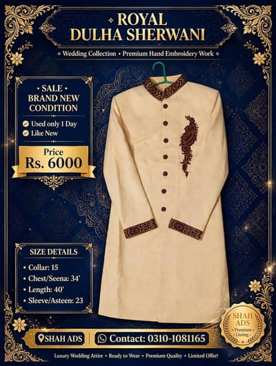 Royal Dulha Sherwani For Sale - Used 1 Day Only - Rs. 6000 - Karachi