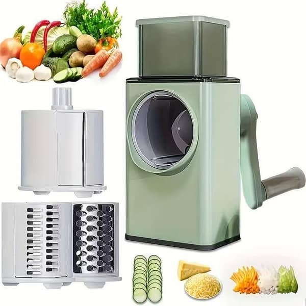 Multifunctional Manual Rotary Vegetable Cutter & Grater – 3-in-1 Stainless Steel Drum Slicer, Shredder & Cheese Grater with Strong Suction Base for Kitchen Prep