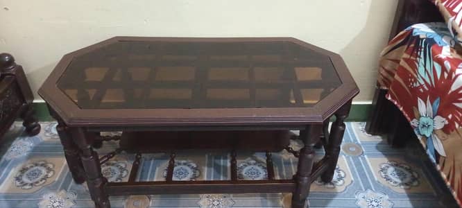 shesham wood made 5 seater sofa with 2 tables with glass cover