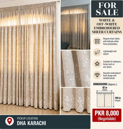 White & Off-White Embroidered Sheer Curtains | 82 × 104 Inches