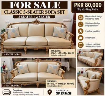 Luxury Classic 5-Seater Light Beige Sofa Set | 3+2 Seater