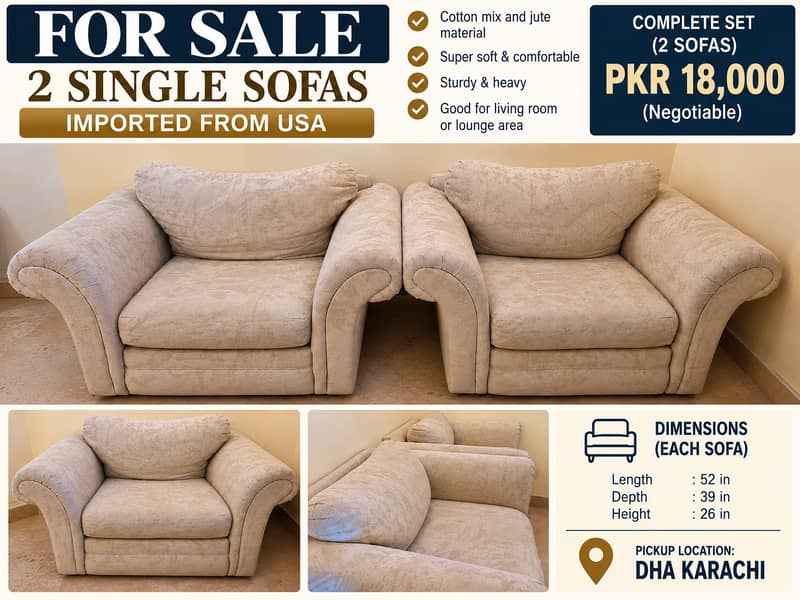 2 Imported USA Single Sofas | Extra Soft & Comfortable | Pair 0