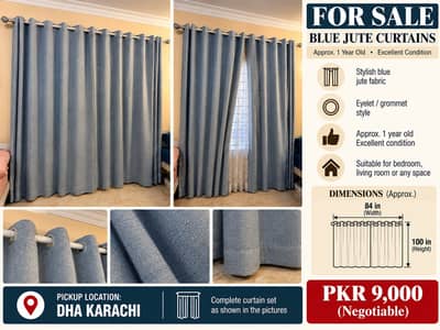 Blue Jute Eyelet Curtains | 84 × 100 Inches | Excellent Condition
