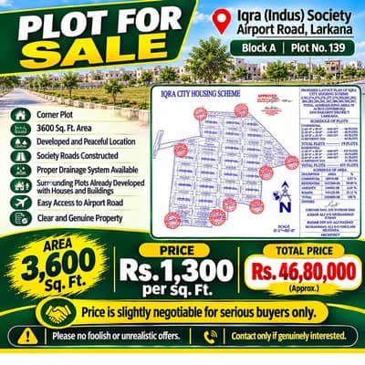 3600 Sq Ft Corner Plot for Sale – Iqra Society, Airport Road, Larkana