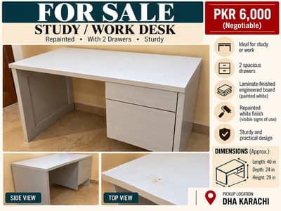 Study / Office Desk with 2 Drawers | Compact & Sturdy | White Finish