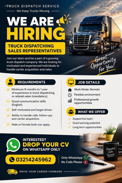 We are hiring Both Male and Female for Remote Truck dispatching