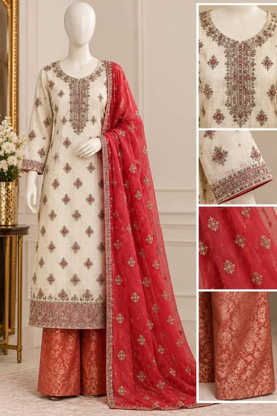 Beige Red 3pc Formal Dress - Heavy Work - Like New - Sialkot