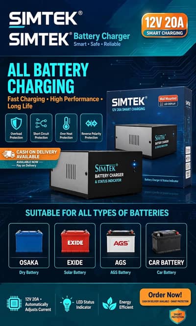 Simtek 12V 20A Smart Battery Charger - All Batteries Support - COD