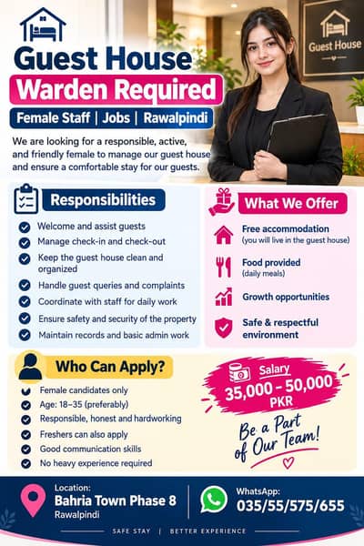 Female Guest House Receptionist | Rawalpindi | Islamabad