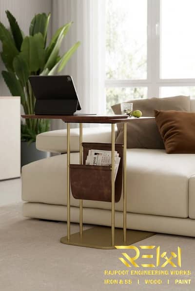 C-Shaped Walnut & Gold Rotating Side Table with Storage