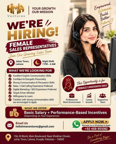 Urgent Hiring: Female Sales Representatives - Johar Town Lahore