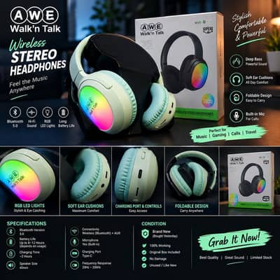 AWE Walk’n Talk Wireless RGB LED Headphones – Mint Green