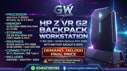 HP Z VR G2 Gaming PC I7 8TH NVIDIA RTX 2080 Battery Backup With Dock