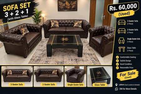 Used Chesterfield Sofa Set 3+2+1 with Black Glass Table – Rs. 60,000