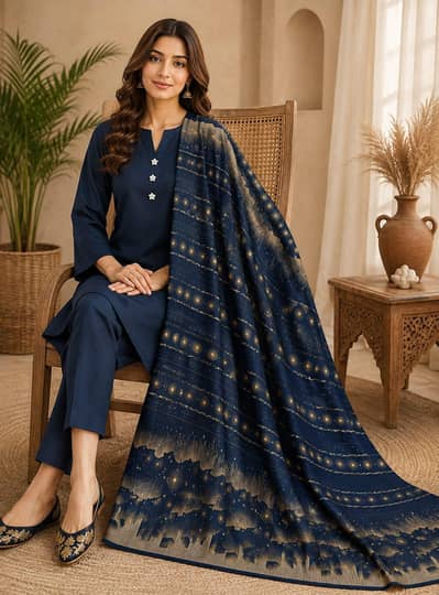 Banarsi Pashmina Shawl 3pc Suit - Dhanak - 2500