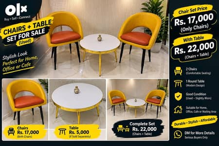 Used 2 Yellow Accent Chairs with Round Gold Table – Rs. 22,000