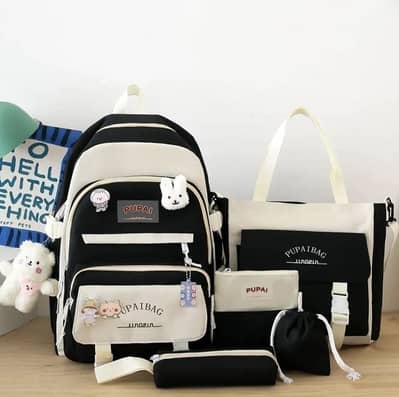 5-piece Black Nylon Travel Backpack Set for Kids And Students
