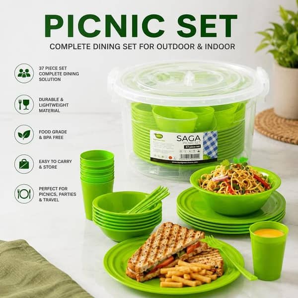 SAGA 37-Piece Portable Picnic Set – Complete Reusable Outdoor & Indoor Dining Dinnerware Set with Carrying Storage Container, Plates, Cups & Cutlery