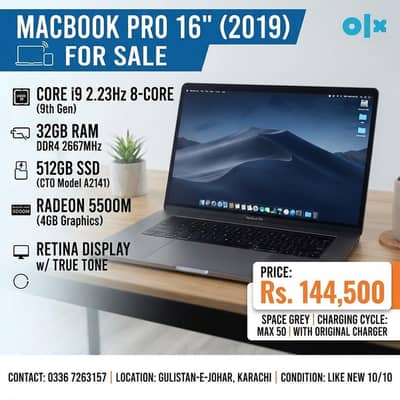 MacBook Pro 16" 2019 | i9, 32GB ,512GB ,4GB Like New (50 CC)