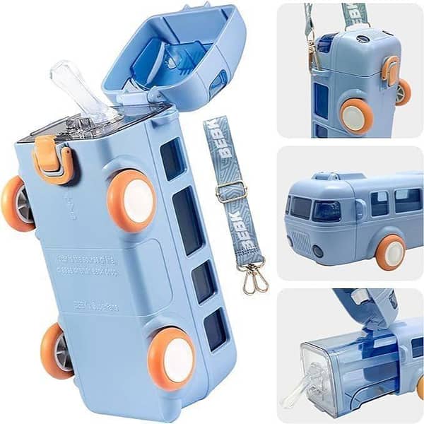 T  Cute Bus Shaped Water Bottle For Kids With Straw 500ML Bus Shape Toy Car Water Bottle Bus Water Bottle for Kids