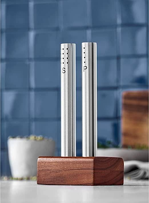 T  Salt and Pepper Shaker set with wooden base