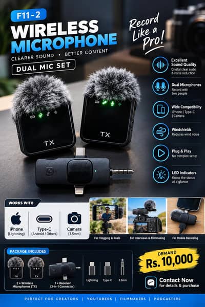 F11-2 Wireless Microphone – Dual Mic Set for iPhone, Type-C & Camera