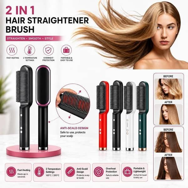 T 2-in-1 Electric Hair Straightener & Curler Comb – Fast Heating Styling Brush for Straightening & Curling Hair | Portable Hair Styling Comb for Smooth Straight & Curly Hair (Women)