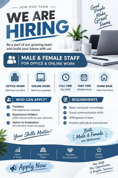 Part time,Full time,Office work,Homebase job available