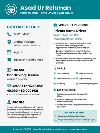 Driver job needed in Islamabad - From Jhang, 1 years experience