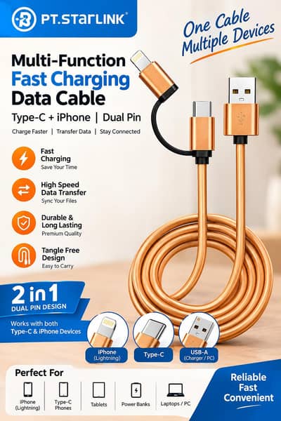 2 in 1 fast charging Data cable type C & iphone duel connecter 5A max