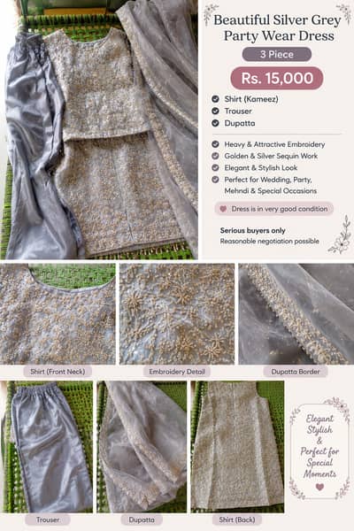 Beautiful Silver Grey & Golden Embroidered Party Wear Dress – 3 Piece