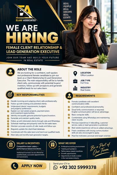 WE ARE HIRING — FEMALE CLIENT RELATIONSHIP & LEAD GENERATION EXECUTIVE