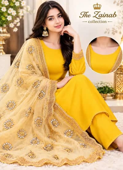 3 Piece Fancy Silk Suit with Embroidered Net Dupatta